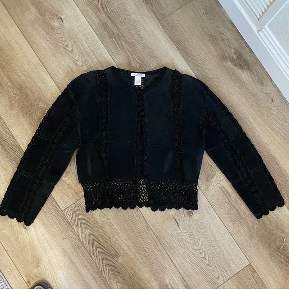 IDI Y2K Bohemian Suede Leather Crotchet Black Button Up Jacket size M - Picture 2 of 10